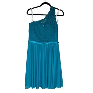 1238-DAVID’S BRIDAL Teal One Shoulder Bridesmaid Dress